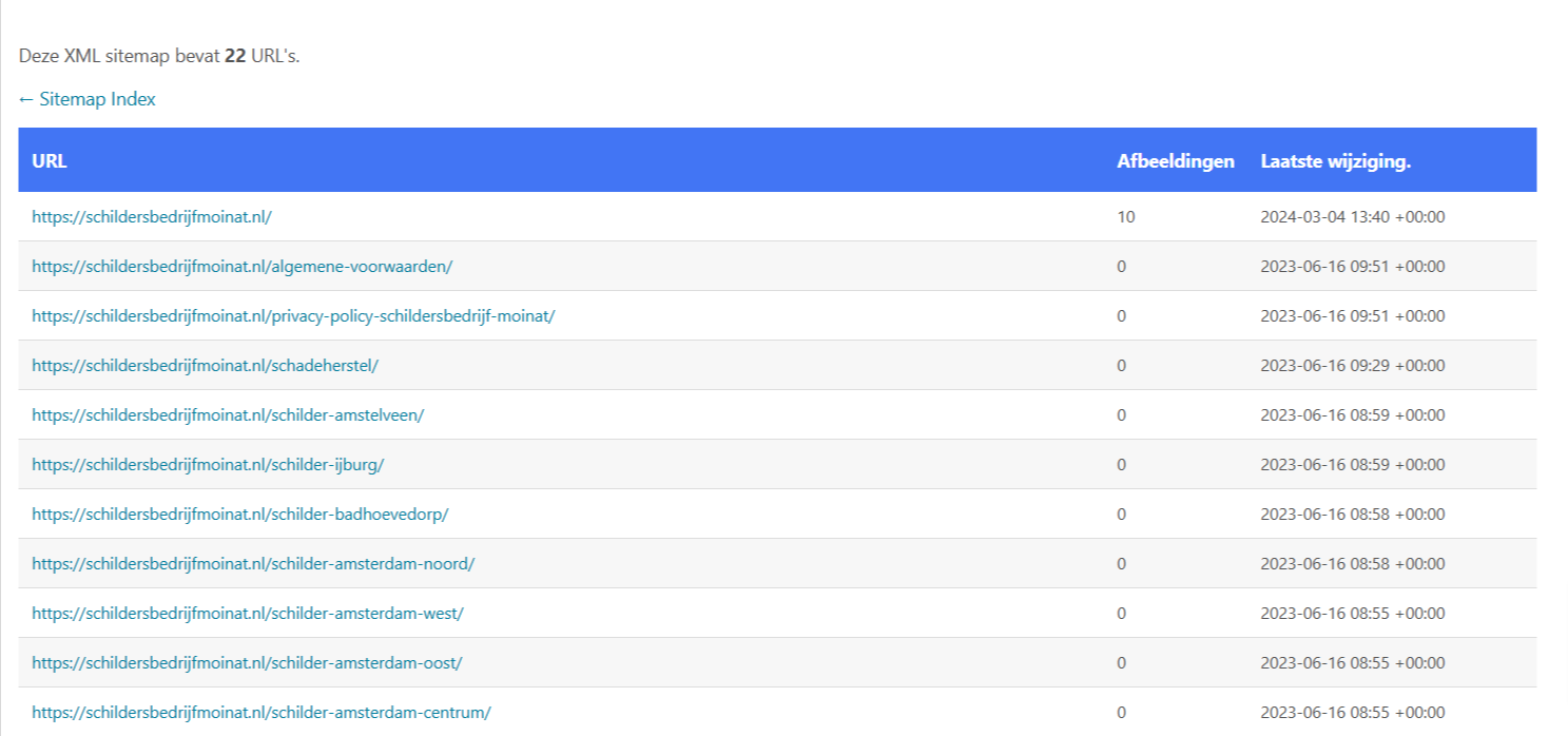 Overzicht van een XML-sitemap van een website.