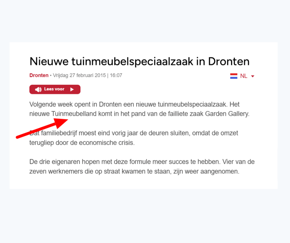 Lokale citatie van een tuinmeubel specialzaak op de regionale nieuws website van Omroep Flevoland.